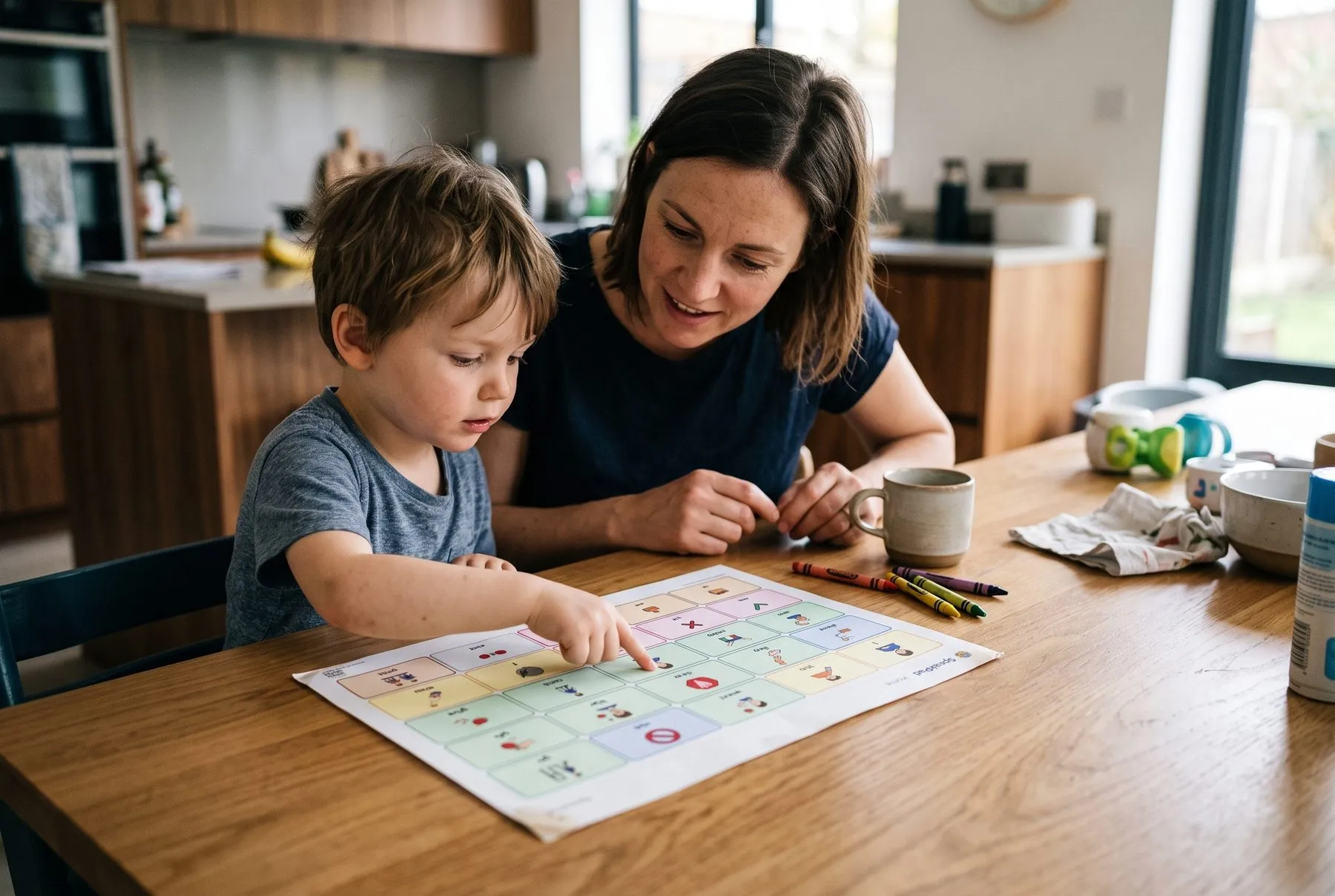 A mother and her young child at a kitchen table, the child pointing to a picture on a printed SpeakPad board.