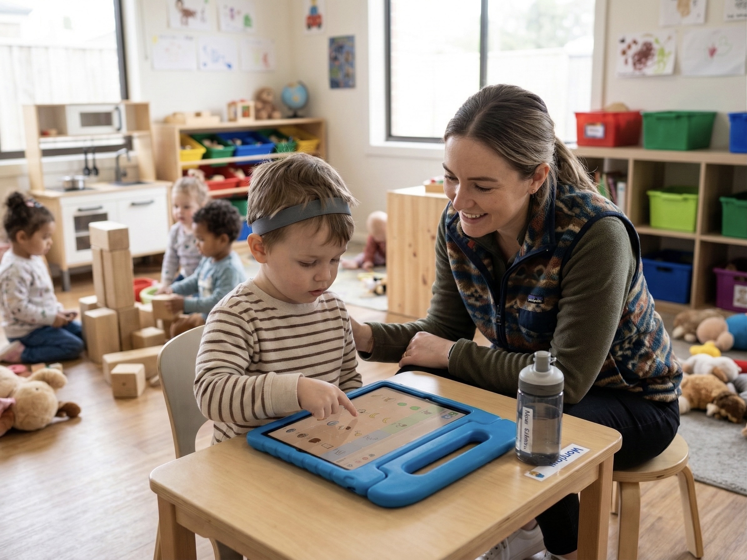 Uma criança usando um aplicativo AAC em um iPad