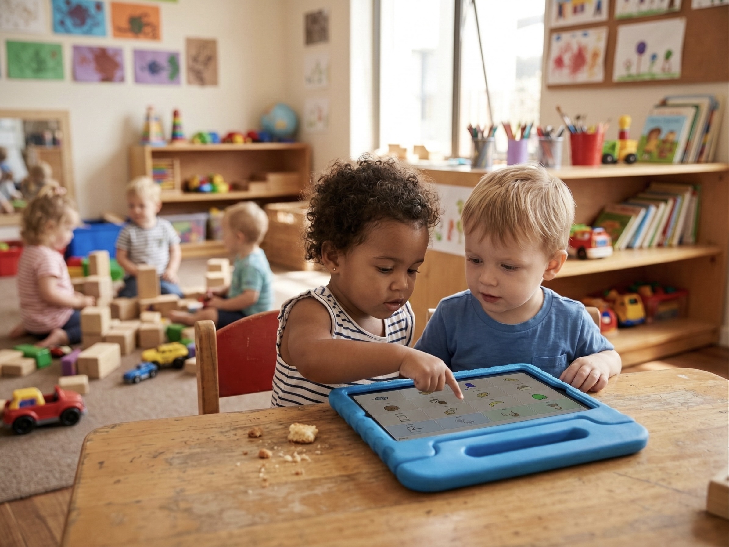 A parent and child using an AAC app on an iPad