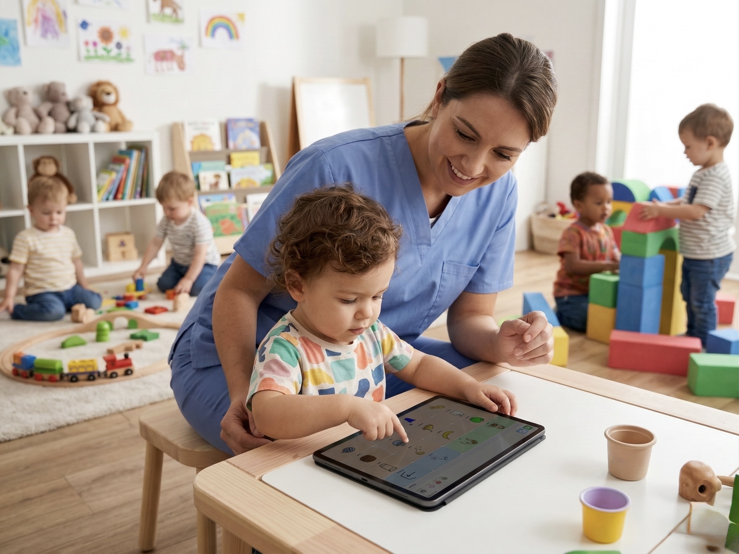 A caregiver helping a child use an AAC communication device