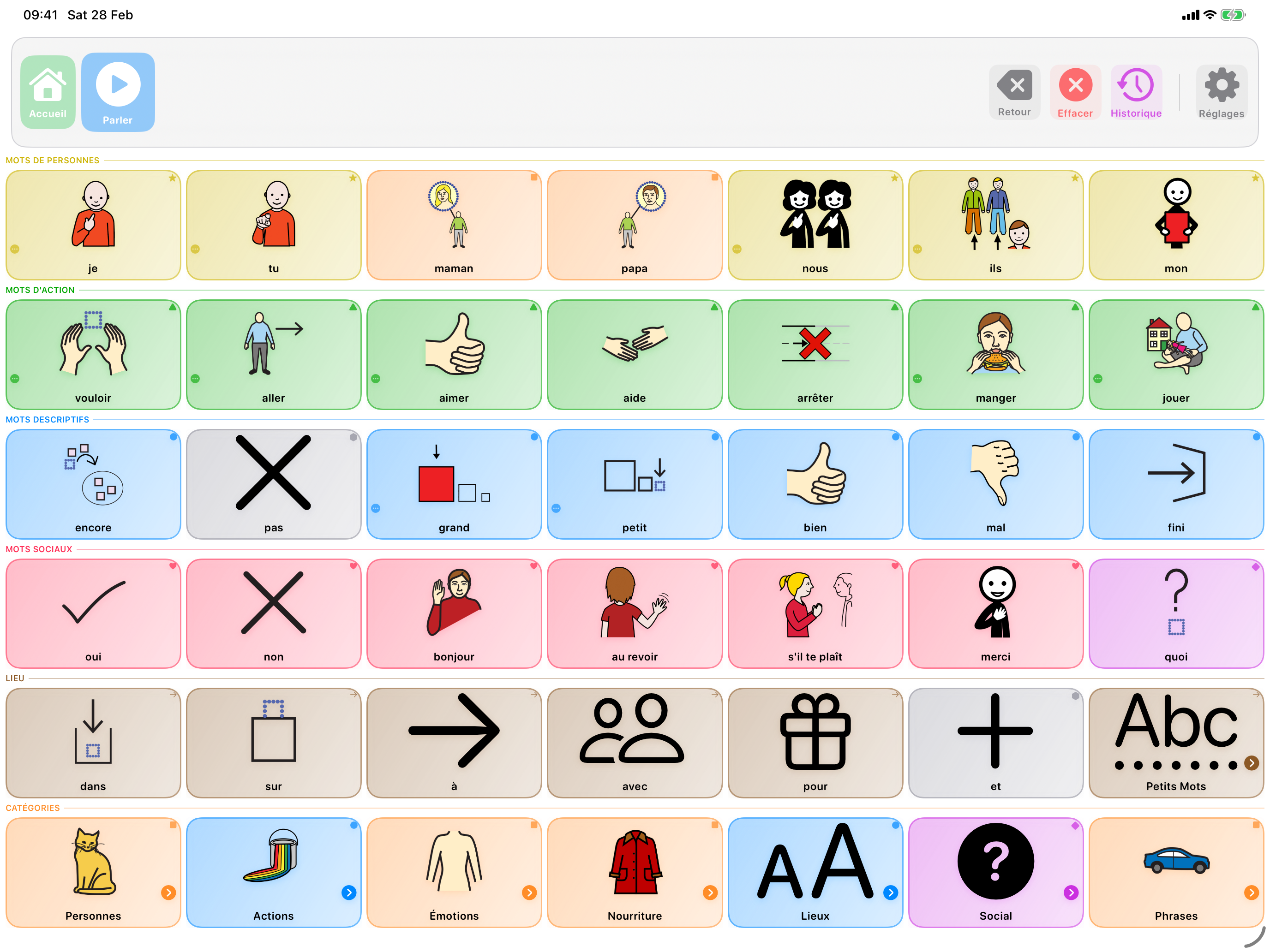 Interface du tableau de communication SpeakPad