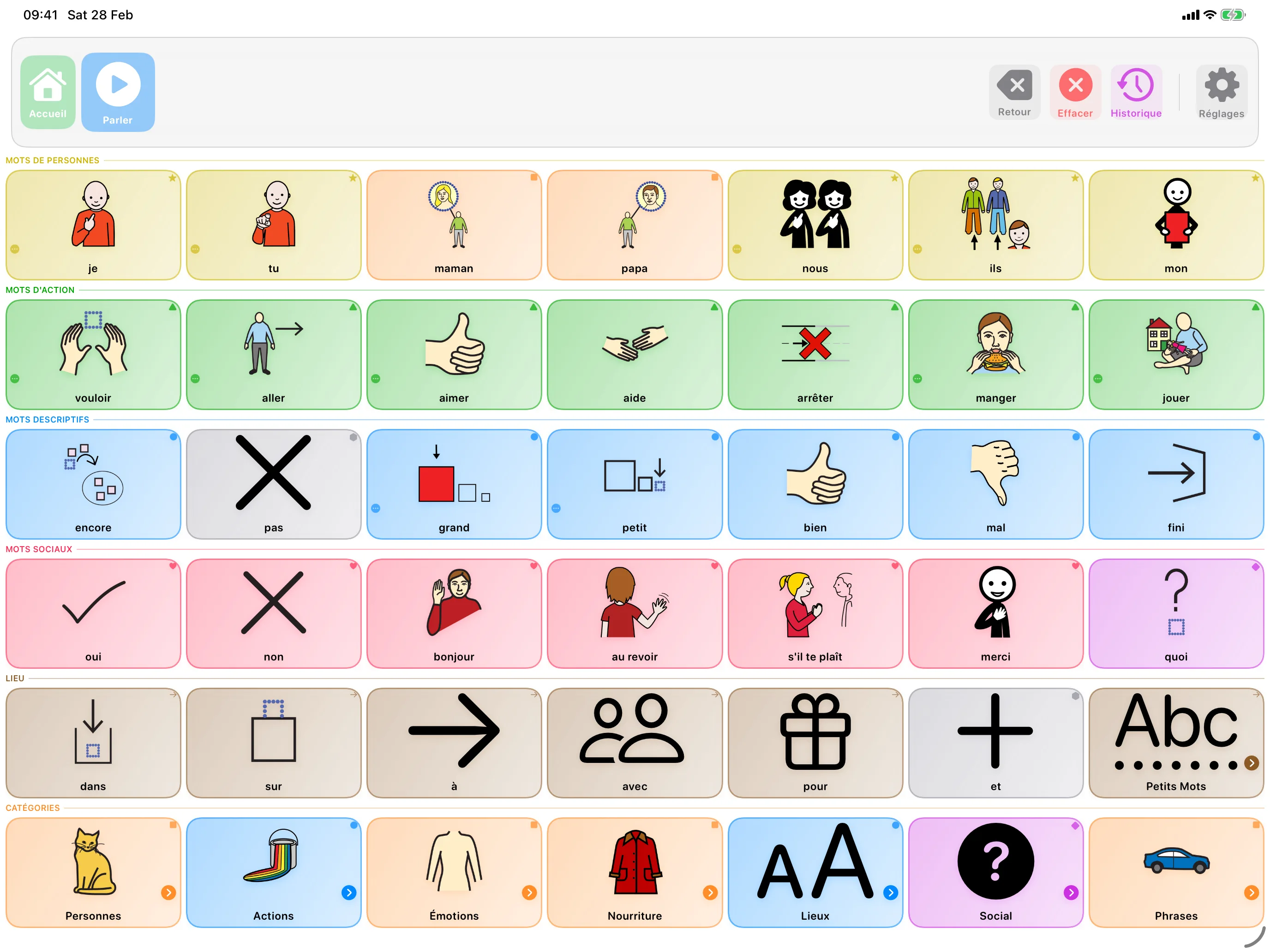 Interface du tableau de communication SpeakPad
