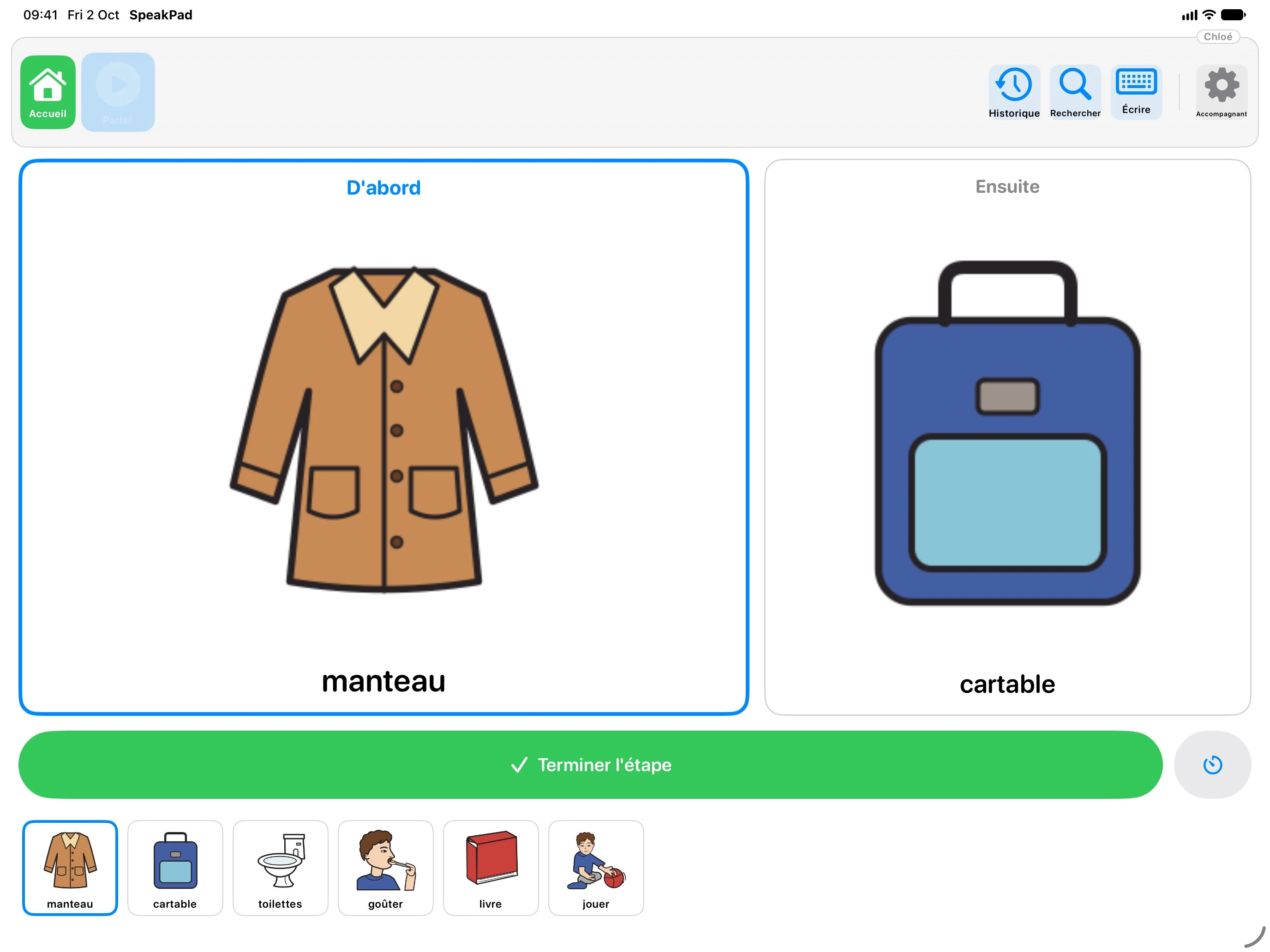 Planning SpeakPad sur iPad : grande carte D'abord, carte Ensuite, bouton Terminer l'étape et bande des étapes