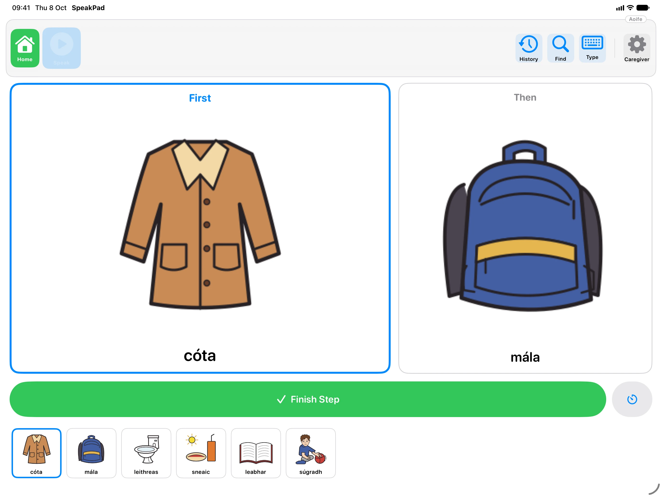 SpeakPad schedule on iPad: a large First card, a Then card, the Finish Step button and a strip of steps