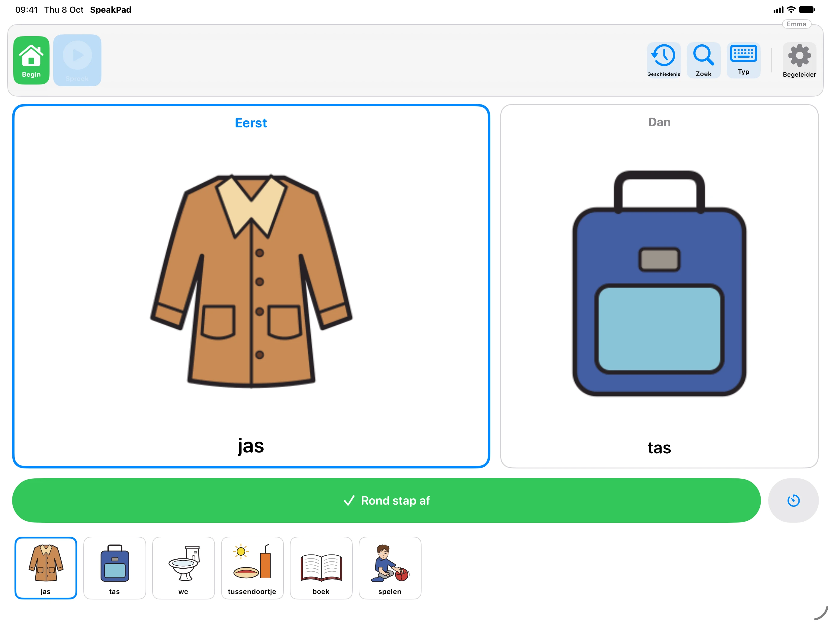 SpeakPad-stappenplan op iPad: grote Eerst-kaart, Dan-kaart, knop Rond stap af en een strook met stappen