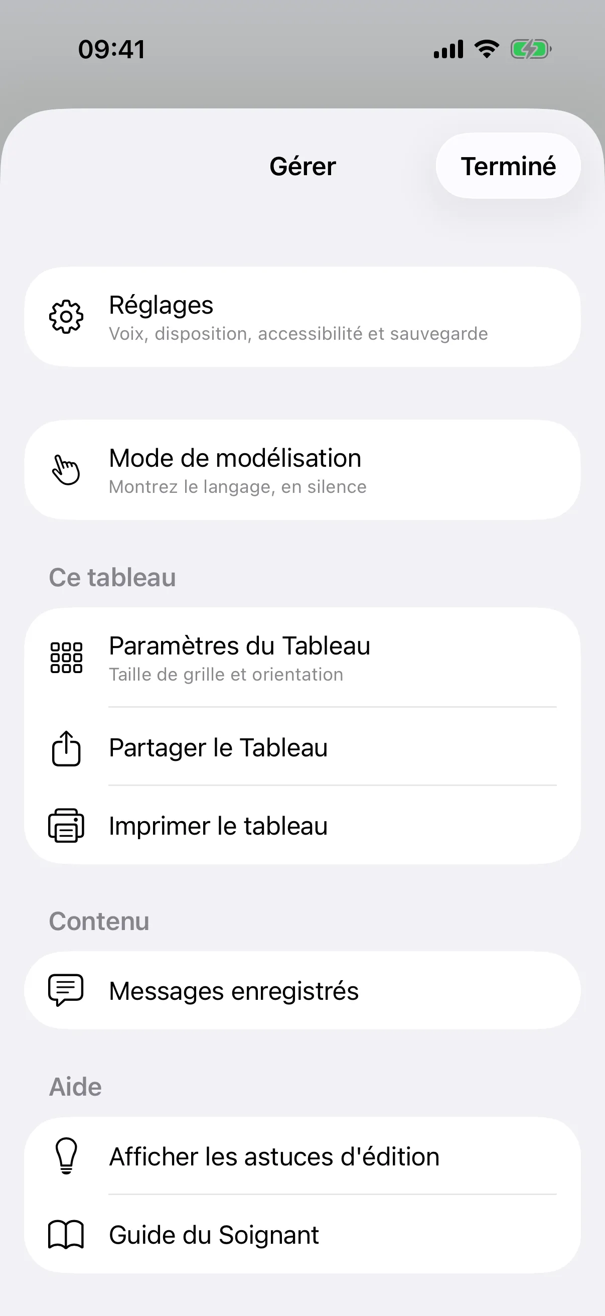 Tout le reste se trouve sous Gérer
