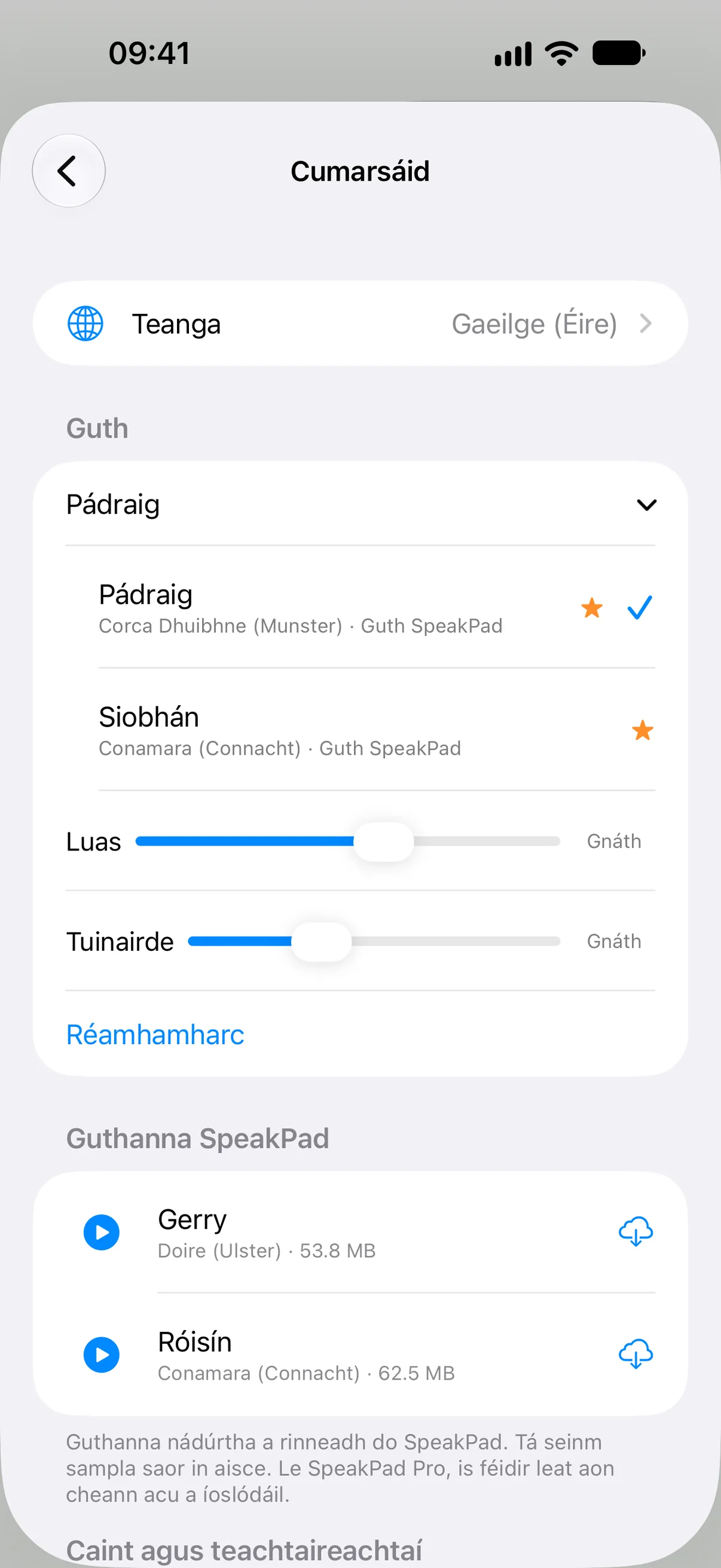 Cá bhfuil socruithe an ghutha