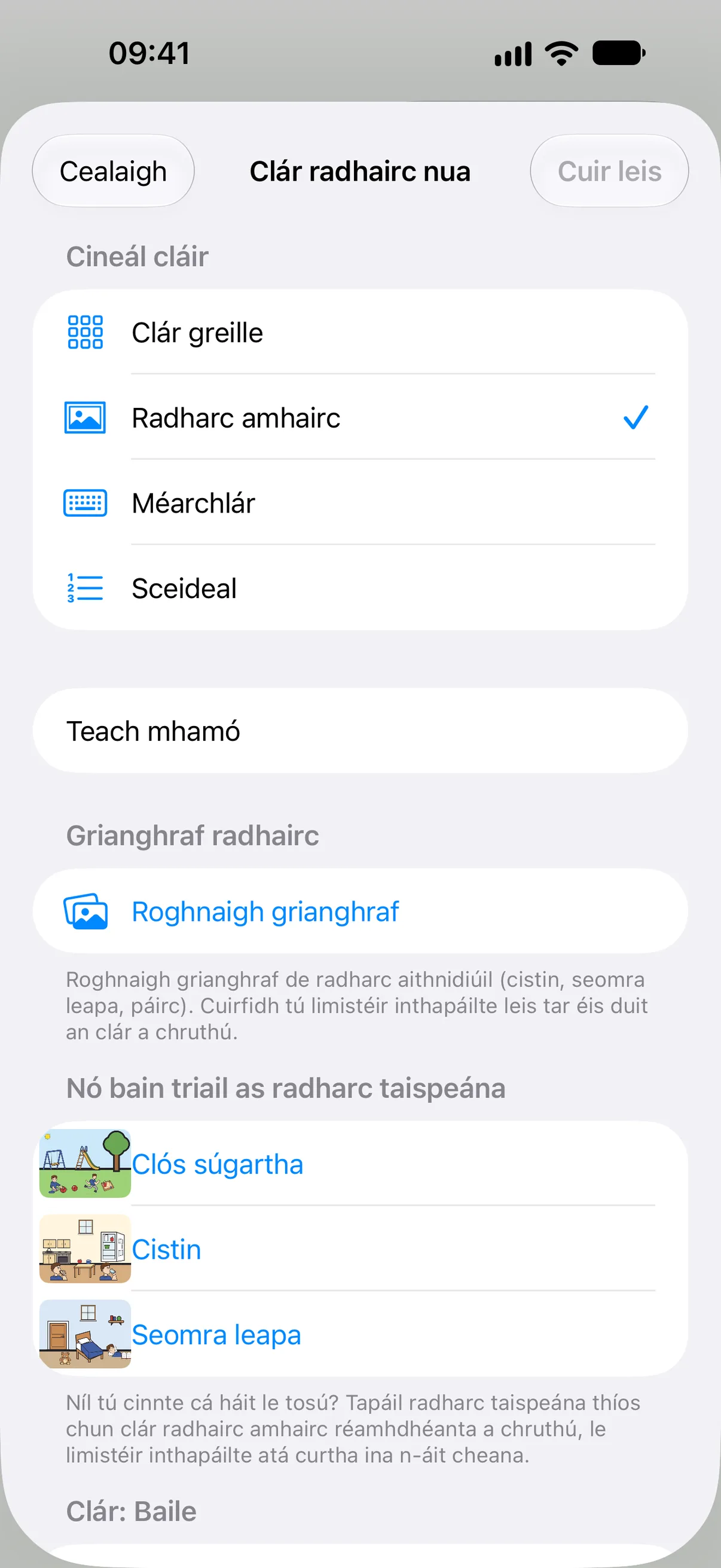 Radharc taispeána, cruthaithe gan ghá le grianghraf, réidh le limistéir inthapáilte a chur air.
