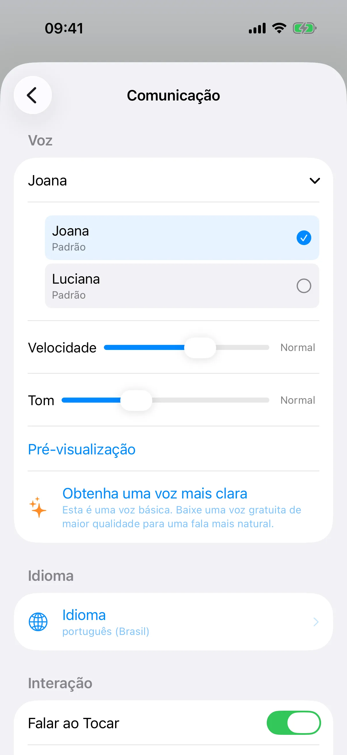 Onde ficam as configurações de voz